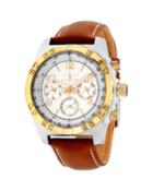 Men's 44mm Chronograph Watch W/ Leather, Tan/two-tone