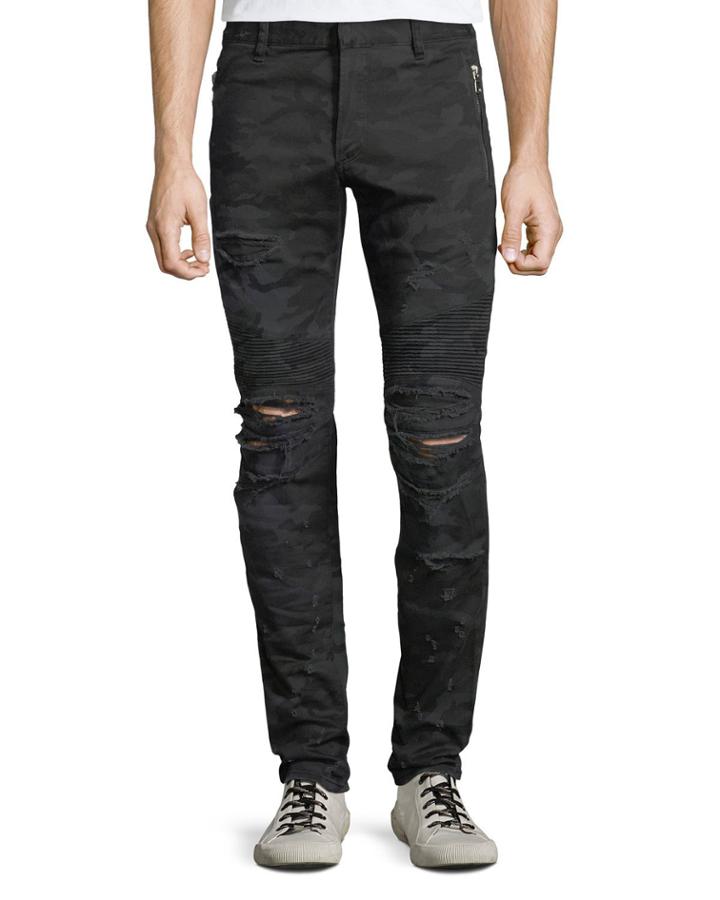 Men's Distressed Camo Straight-leg Biker Jeans
