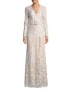 Embroidered Long-sleeve Belted Gown