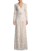 Embroidered Long-sleeve Belted Gown