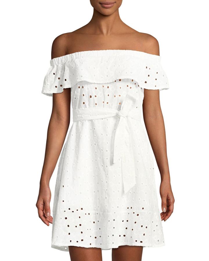 Off-the-shoulder Eyelet Belted Dress