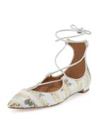 Christy Sequined Lace-up Pointed-toe Flat, Beige