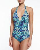 Night Shadow Feather-print One-piece Swimsuit,
