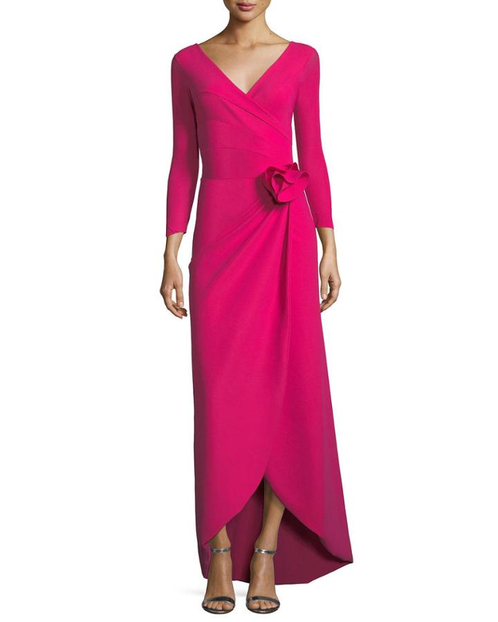 Kay Faux-wrap Long-sleeve Evening Gown