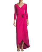 Kay Faux-wrap Long-sleeve Evening Gown