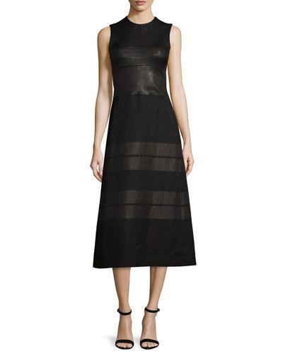 Sleeveless Contrast-striped Midi Dress, Black/bronze