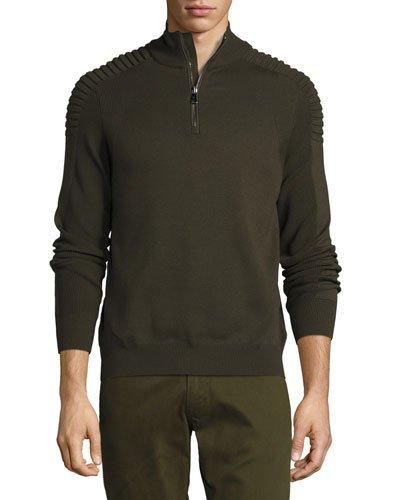 Ribbed Merino Wool Half-zip Pullover, Olive