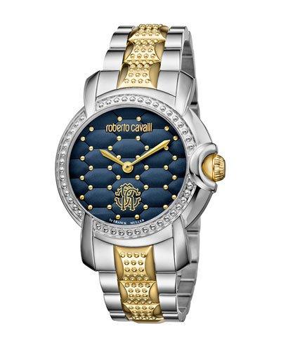 36mm Two-tone Studded Bracelet Watch, Blue