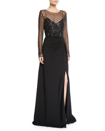 Illusion Long-sleeve Crystal-trim Gown