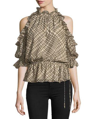 Gingham Cold-shoulder Blouse