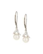 14k Delicate Pearl & Pave Diamond Drop Earrings