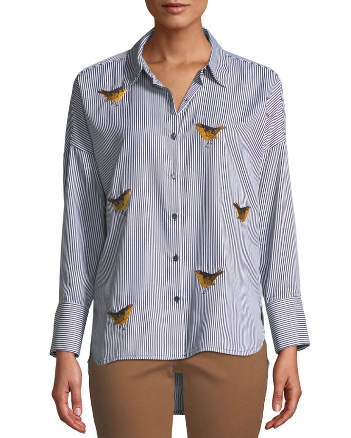 Mardi Bird-embroidered Button-down Blouse