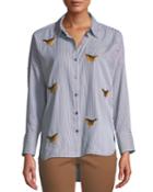 Mardi Bird-embroidered Button-down Blouse