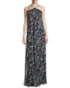 Halter-neck Scroll-print Column Gown, Black/white