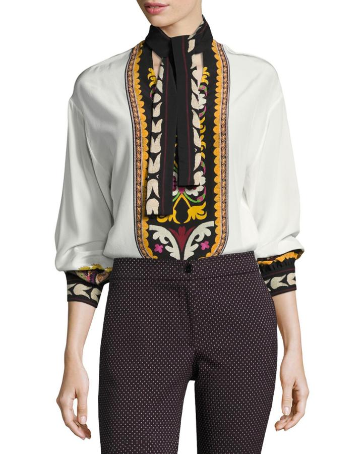 Printed Silk Tie-neck Blouse, Ivory