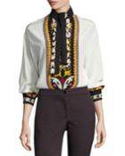 Printed Silk Tie-neck Blouse, Ivory