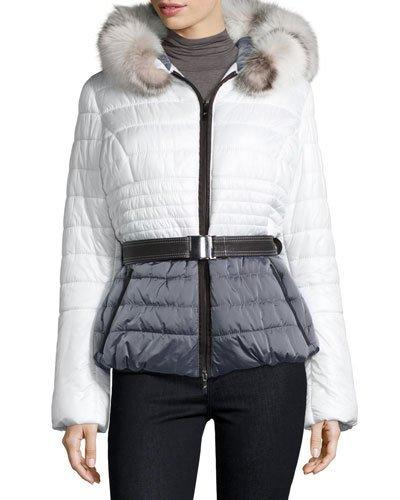 Colorblock Fur-trim Pufferjacket,