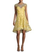 Floral Lace Illusion Cocktail Dress, Bright Yellow