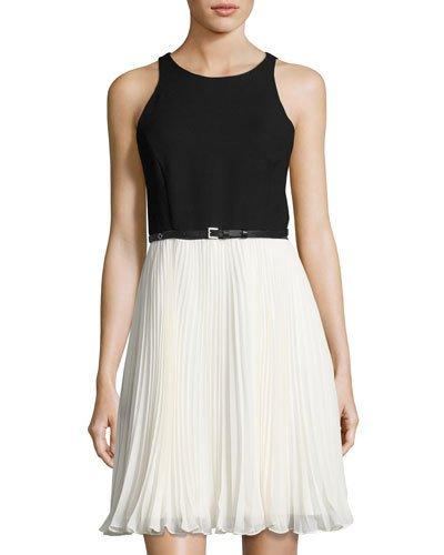 Pleated-skirt Sleeveless Dress, White/black
