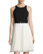 Pleated-skirt Sleeveless Dress, White/black