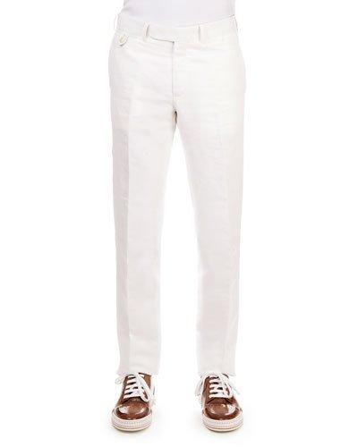 Linen-cotton Blend Flat-front Trousers, White