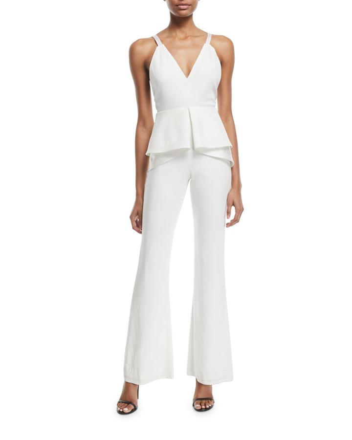 V-neck Sleeveless Peplum Flared-leg Sateen Jumpsuit