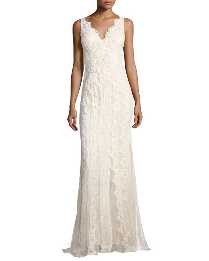 V-neck Lace-embroidered Dress W/ Tulle Inserts