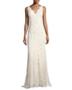 V-neck Lace-embroidered Dress W/ Tulle Inserts
