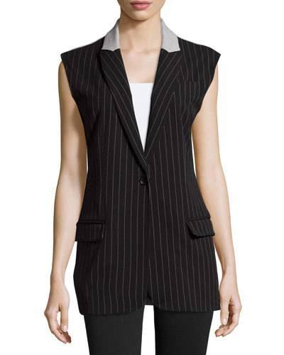 Pinstripe Button-front Vest, Black/heather Gray