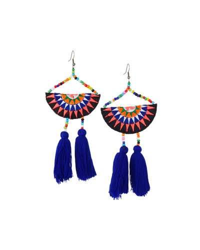 Embroidered Semicircle Tassel Drop Earrings, Navy