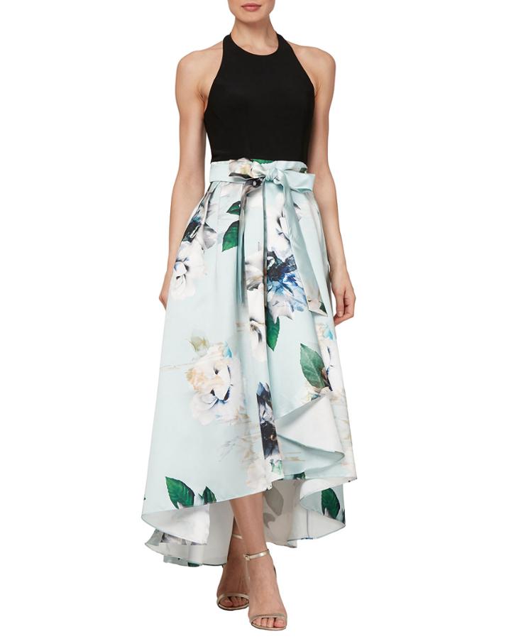 Floral-print Mikado High-low Halter Dress