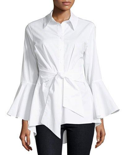 Belted Poplin Button-front Blouse
