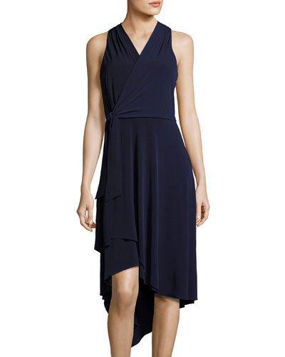 Sleeveless Jersey Faux-wrap Dress, Navy