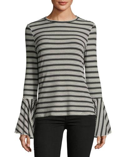 Bell-sleeve Striped Knit Top