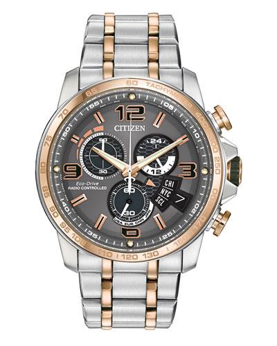 44mm Men's Time Zone Chronograph Bracelet Watch, Two-tone