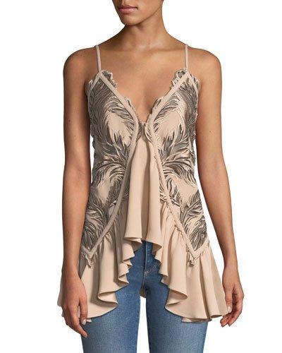 Feather-embroidered Satin Ruffle Top