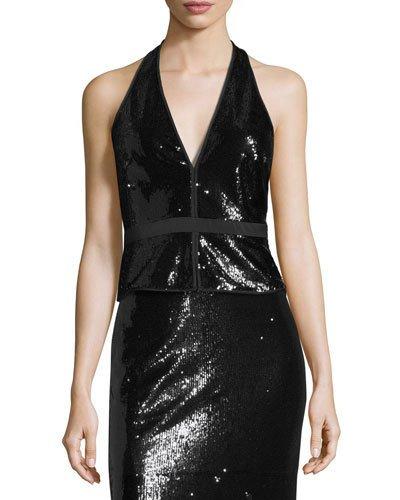 Sequined Split-neck Halter Top, Black