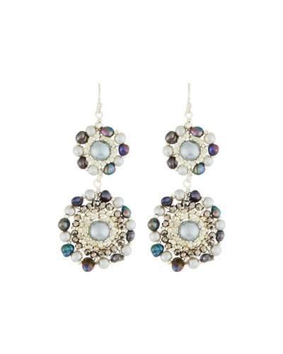 Gray Crystal & Pearl Double-circle Drop Earrings