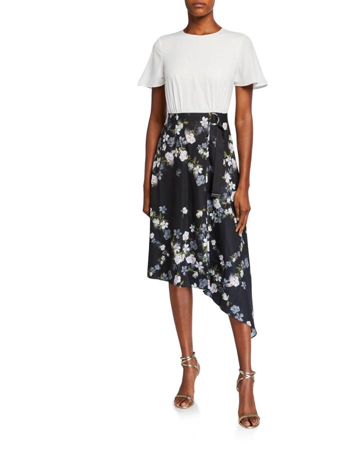 Opal Mockable Short-sleeve Asymmetric Dress W/ Floral