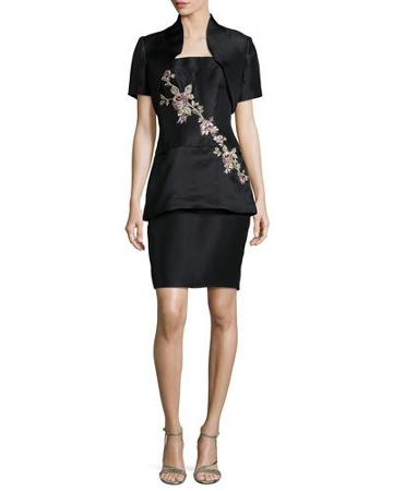 Strapless Floral-embroidered Cocktail Dress W/ Bolero