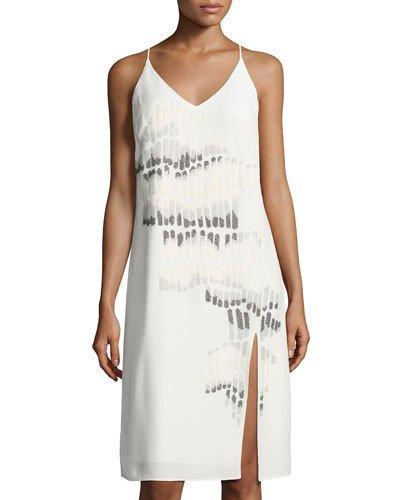 Beaded Sleeveless V-neck Dress, White