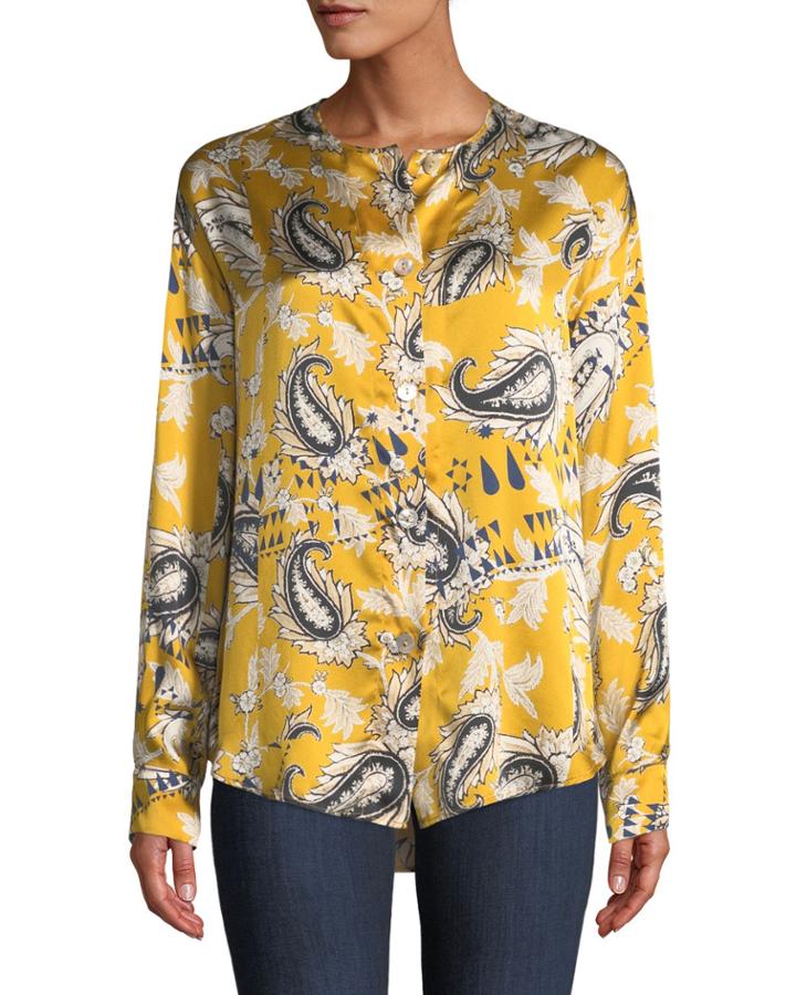 Collarless Afrika-print Silk Button-front