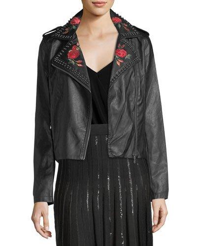Faux-leather Jacket W/embroidery