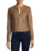 Collarless Zip-front Leather Jacket, Brown