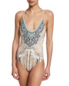 Printed One-piece Swimsuit Embellished With Crystals