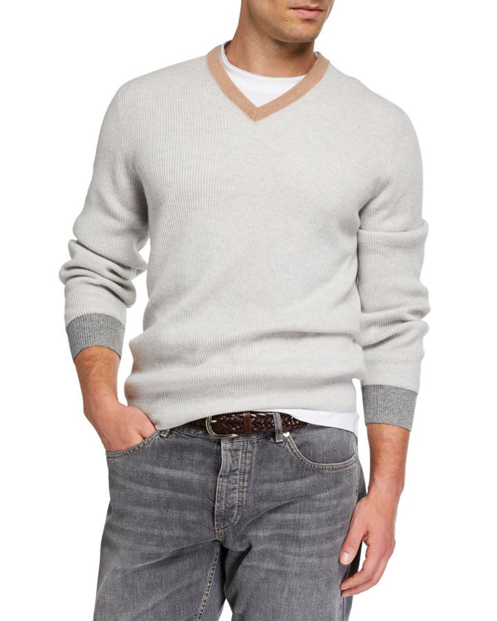 Men's Colorblock-trim V-neck Cashmere