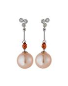 14k Peach Pearl, Diamond & Sapphire Drop Earrings