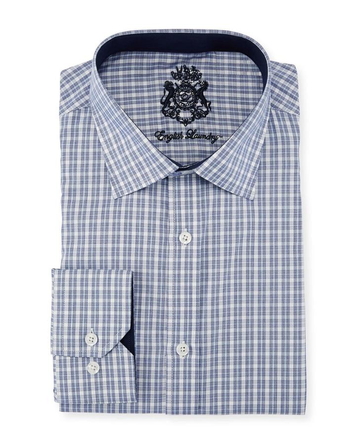 Classic-fit Micro-plaid Dress Shirt, Blue/white