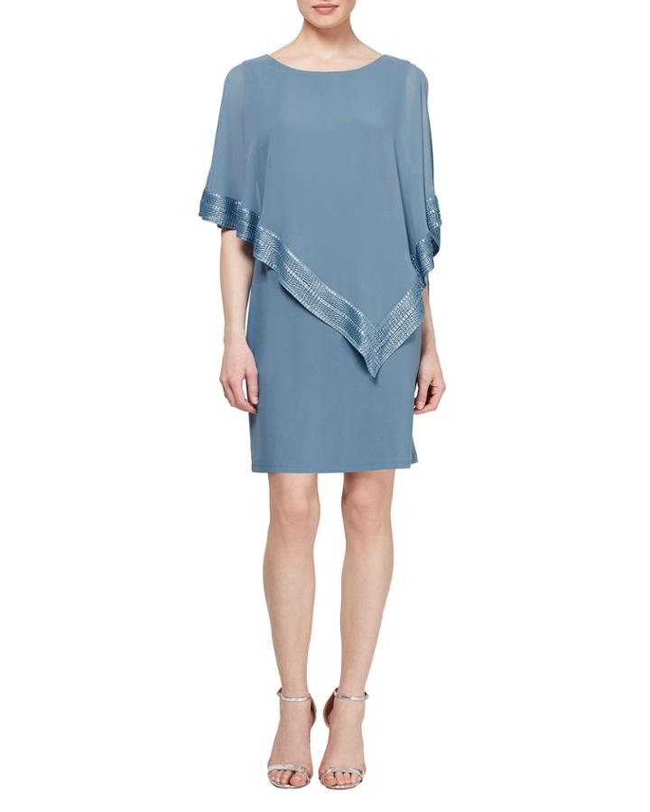 Sequin-trim Cape Pullover Cocktail Dress