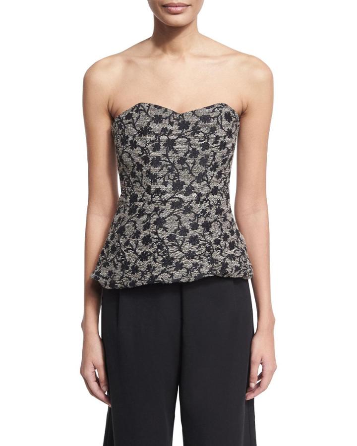 Floral Jacquard Strapless Bustier, Black/gold